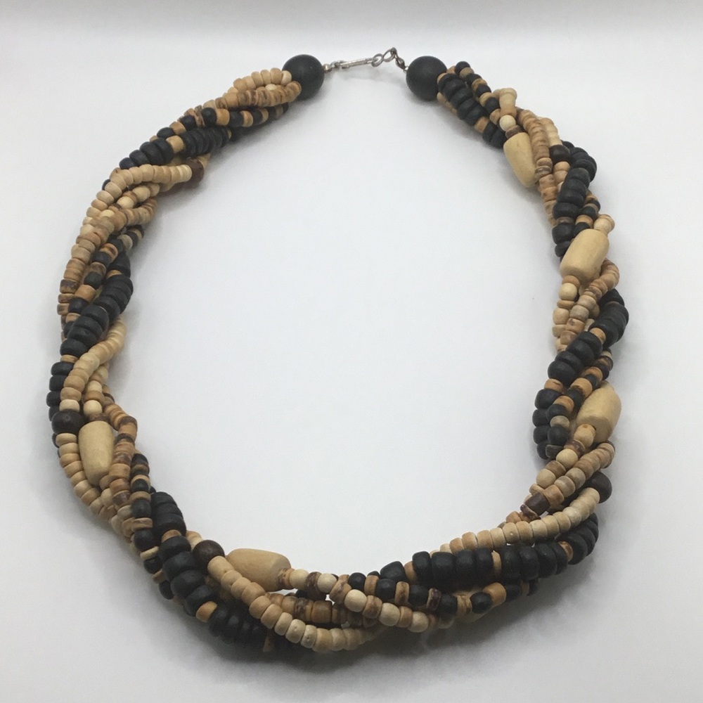Black and Natural Wood Bead Twist Necklace